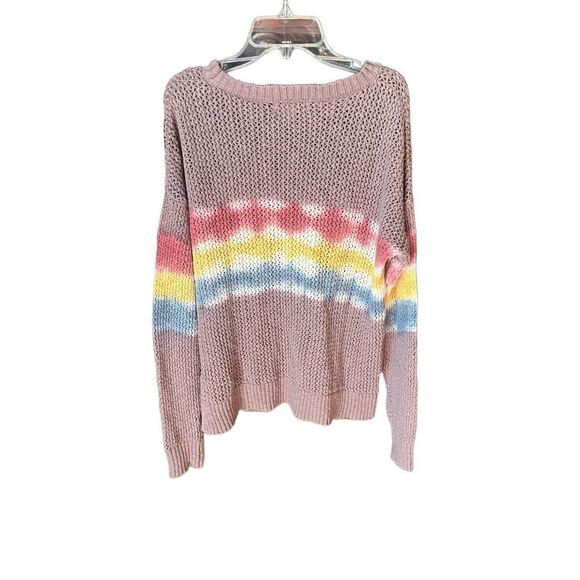 KNOX ROSE LIGHTWEIGHT OPEN KNIT COTTON SWEATER RAINBOW TIE-DYE STRIPED CREWNECK - Picture 7 of 15
